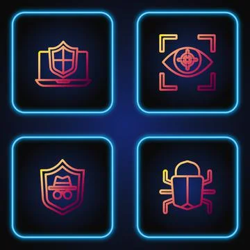 Set line System bug, Incognito mode, Laptop protected with shield and Eye scan Illustrazione stock