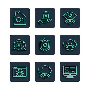 Set line System bug, Internet of things, Create account screen, Eye scan, Shield Stockillustratie