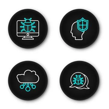 Set line System bug, Internet of things, Head with shield and on monitor ic.. Stock Illustration