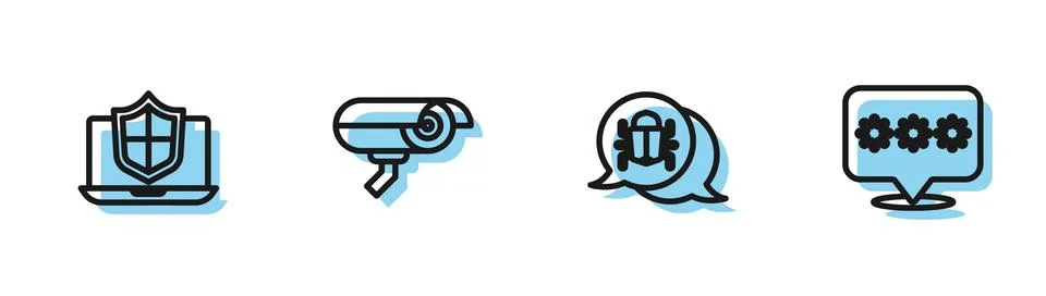 Set line System bug, Laptop protected with shield, Security camera and Password 스톡 일러스트