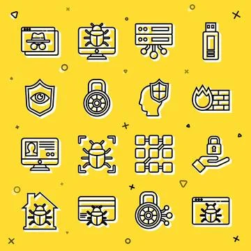 Set line System bug, Lock in hand, Firewall, security wall, Server, Data, W.. Illustrazione stock