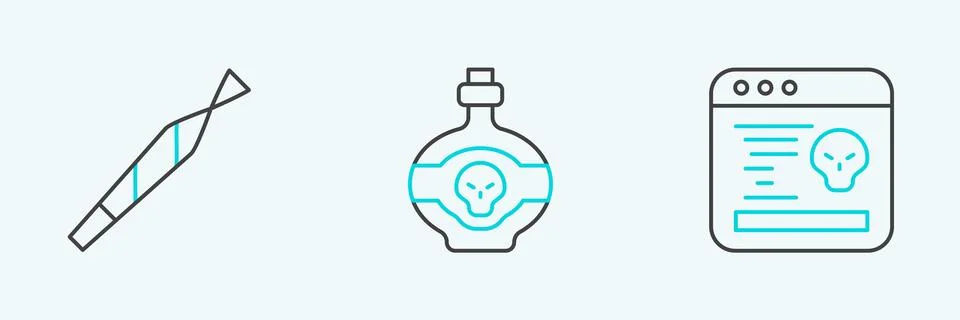 Set line System bug, Marijuana joint and Poison bottle icon. Vector Stock Illustration