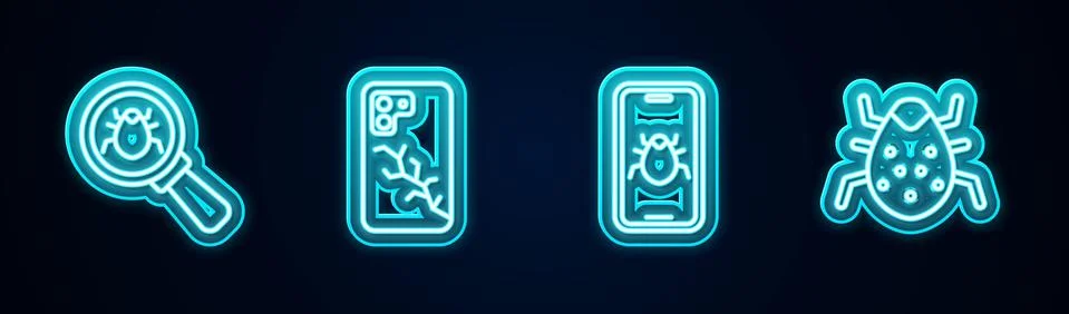 Set line System bug, Mobile with broken screen, on mobile and . Glowing neon Illustrazione stock