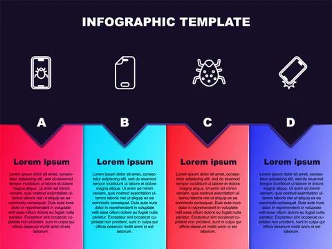 Set line System bug on mobile, Glass screen protector, and Shockproof phone Illustrazione stock