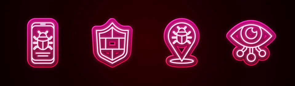 Set line System bug on mobile, Shield with brick wall, and Eye scan. Glowing Illustrazione stock