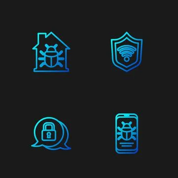 Set line System bug on mobile, Cyber security, House system and Shield with WiFi Illustrazione stock