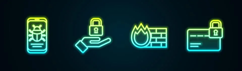 Set line System bug on mobile, Lock in hand, Firewall, security wall and Credit Stock Illustration