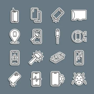 Set line System bug, Mobile with broken screen, Phone repair service, Shockproof 스톡 일러스트