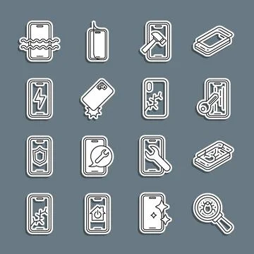 Set line System bug, Mobile with broken screen, Glass protector, Shockproof Stockillustratie
