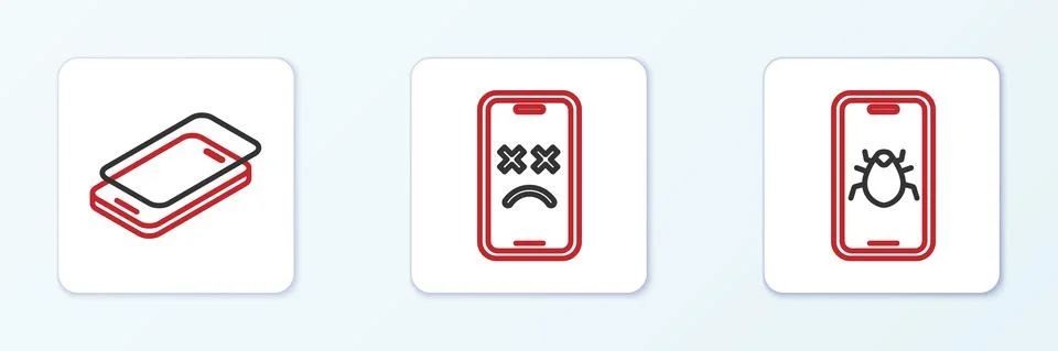 Set line System bug on mobile, Glass screen protector and Dead icon. Vector Stock Illustration