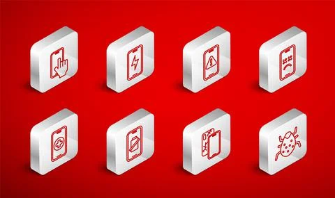 Set line System bug, Mobile charging battery, with exclamation mark, Dead mobile Stock Illustration