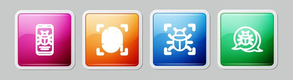 Set line System bug on mobile, Fingerprint, and . Colorful square button. Vector Stock-Illustration