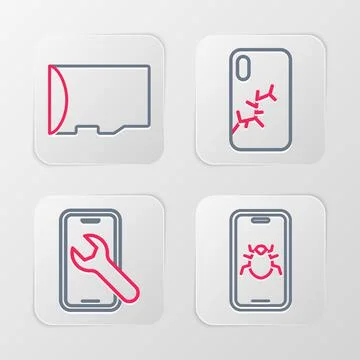Set line System bug on mobile, Mobile service, with broken screen and Micro SD Illustrazione stock
