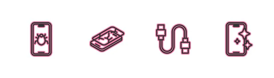 Set line System bug on mobile, USB cable cord, Mobile with broken screen and Stockillustratie