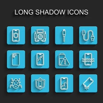 Set line System bug, Mobile with shield, broken screen, Shockproof phone 库存插图