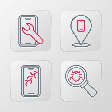 Set line System bug Mobile with broken screen Phone repair service and icon.  库存插图