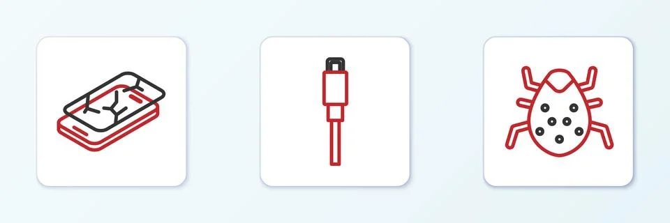 Set line System bug, Mobile with broken screen and USB cable cord icon. Vecto Illustrazione stock