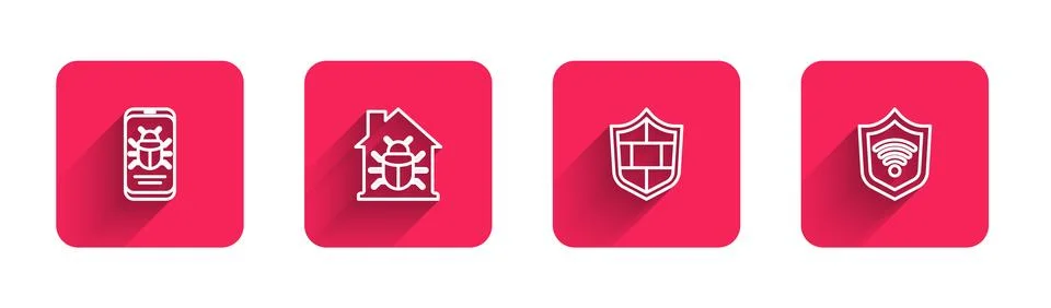 Set line System bug on mobile, House system, Shield with brick wall and WiF.. 스톡 일러스트