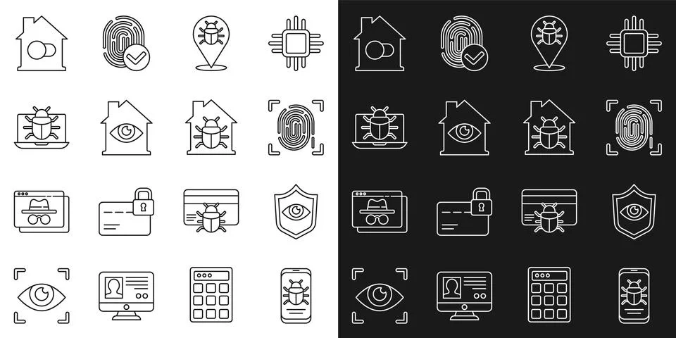 Set line System bug on mobile, Shield and eye, Fingerprint, House with scan.. Stock Illustration