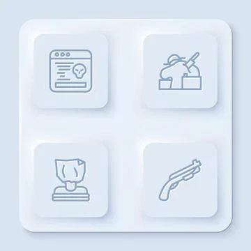 Set line System bug, Murder, Kidnaping and Police shotgun. White square button Illustrazione stock