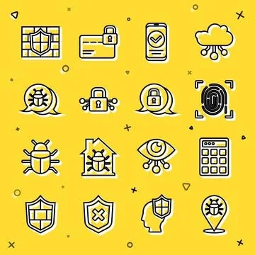 Set line System bug, Password protection, Fingerprint, Smartphone, Cyber 스톡 일러스트
