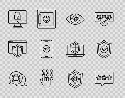 Set line System bug, Password protection, Eye scan, Lock monitor, Smartphone Stock Illustration