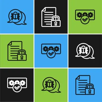 Set line System bug, Password protection and Document and lock icon. Vector Illustrazione stock