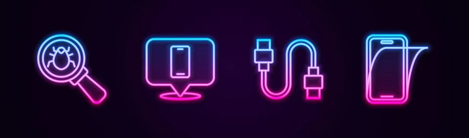 Set line System bug, Phone repair service, USB cable cord and Glass screen 库存插图