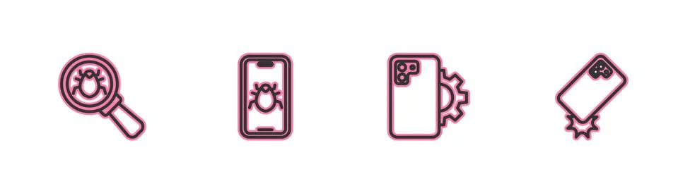 Set line System bug, Phone repair service, mobile and Shockproof phone icon Stock Illustration
