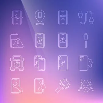 Set line System bug, Phone repair service, USB cable cord, Dead mobile Stock Illustration