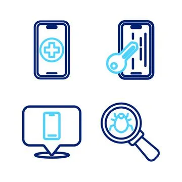 Set line System bug, Phone repair service, Glass screen protector and icon Stock Illustration