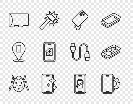 Set line System bug, Phone repair service, Shockproof phone, Glass screen p.. Illustrazione stock