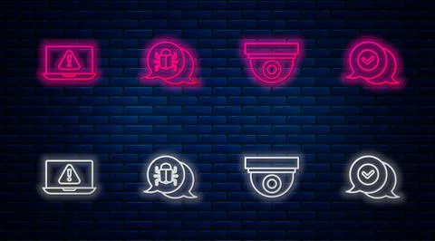 Set line System bug, Security camera, Laptop with exclamation mark and Check in Stock Illustration