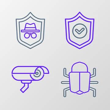 Set line System bug, Security camera, Shield with check mark and Incognito mo 스톡 일러스트