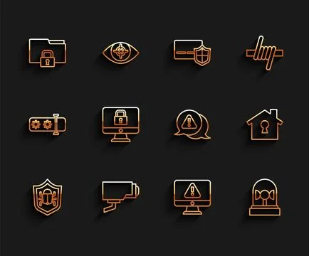 Set line System bug, Security camera, Folder and lock, Monitor with exclama.. Stock Illustration