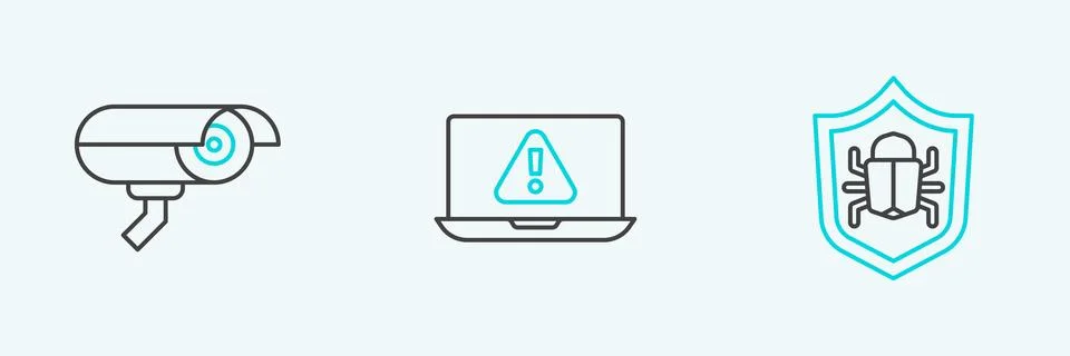Set line System bug, Security camera and Laptop with exclamation mark icon... Stock Illustration