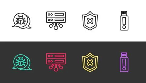 Set line System bug, Server, Data, Web Hosting, Shield with cross mark and USB Illustrazione stock
