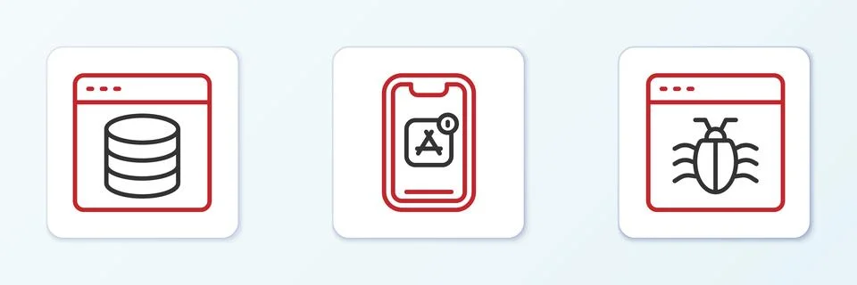 Set line System bug, Server, Data, Web Hosting and Mobile Apps icon. Vector Illustrazione stock