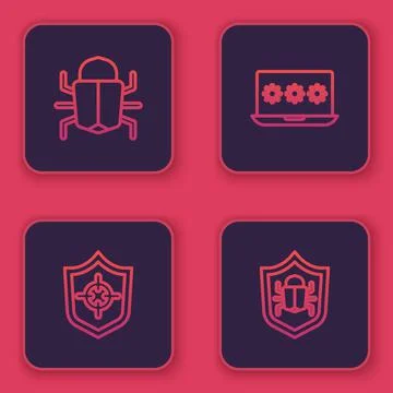 Set line System bug, Shield, Laptop with password and . Blue square button Stock-Illustration