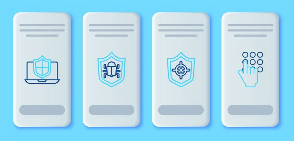 Set line System bug, Shield, Laptop protected with shield and Password Stock Illustration