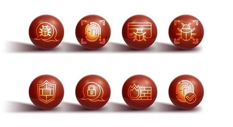 Set line System bug, Shield with brick wall, Firewall, security, Cyber, Finge Stock Illustration