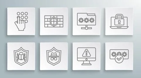 Set line System bug, Shield with brick wall, Incognito mode, Monitor exclamat Stock Illustration