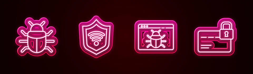 Set line System bug, Shield with WiFi wireless, and Credit card lock. Glowing Illustrazione stock