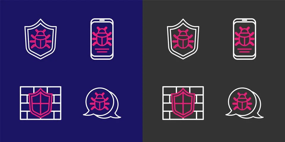 Set line System bug, Shield with brick wall, on mobile and  icon. Vector Stock-Illustration