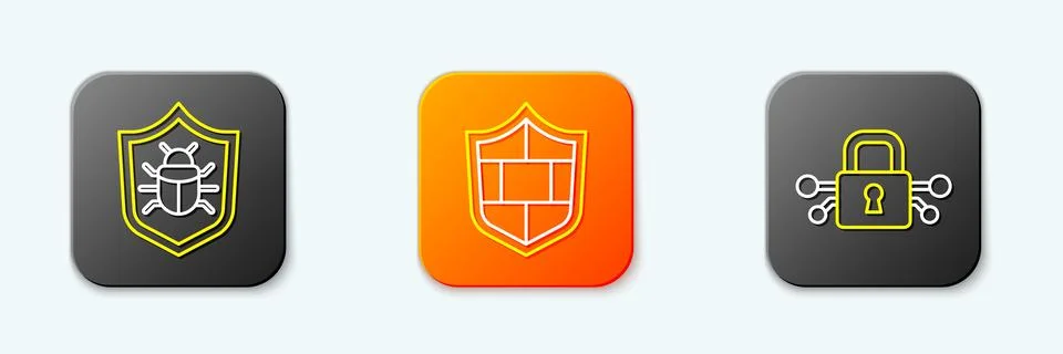 Set line System bug, Shield with brick wall and Cyber security icon. Vector 스톡 일러스트
