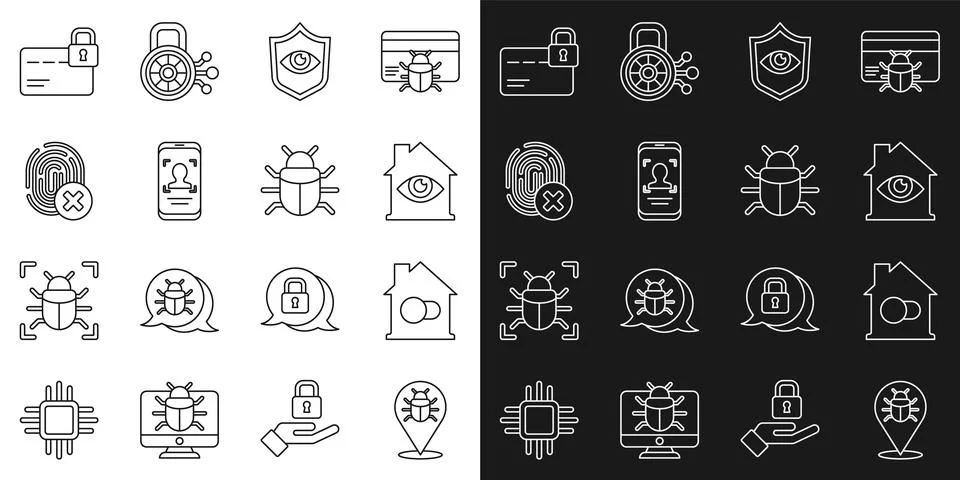 Set line System bug, Smart home, House with eye scan, Shield and, Mobile face 스톡 일러스트