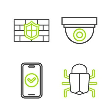 Set line System bug, Smartphone, Security camera and Shield with brick wall icon 스톡 일러스트