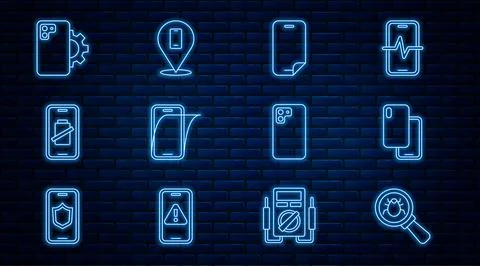 Set line System bug, Smartphone, Glass screen protector, battery charge, Phone Stock Illustration