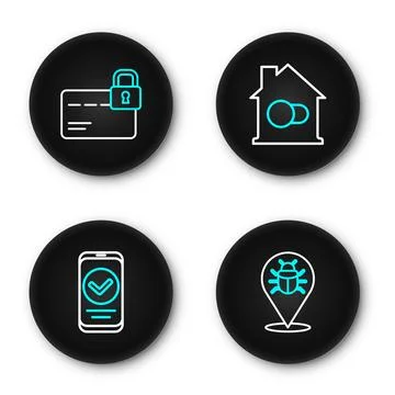 Set line System bug, Smartphone, home and Credit card with lock icon. Vector 库存插图
