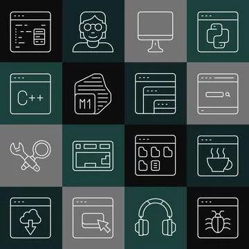 Set line System bug, Software, Search engine, Computer monitor screen, Proces Stock Illustration